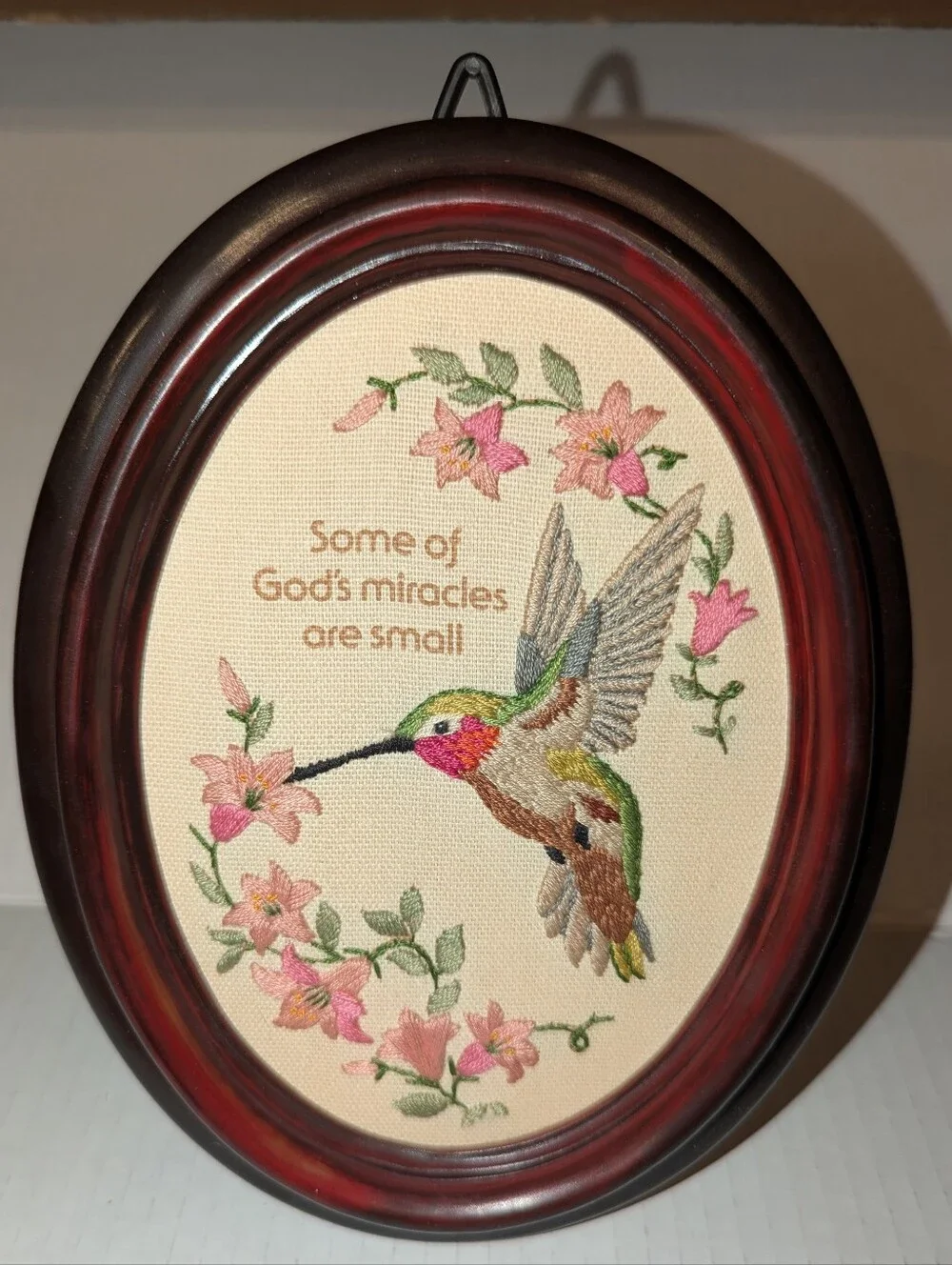 Vintage Framed Hummingbird Embroidery Art - Some of God's Miracles are Small